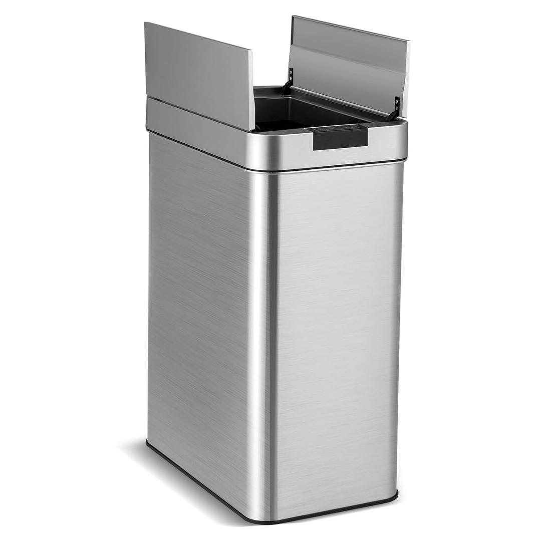 S AFSTAR Motion Sensor Trash Can, 13.2 Gal Slim Kitchen Trash Can with Wing Lids, Infrared Automatic Touchless Waste Bin Stainless Steel Trash Bin for Narrow Space Bathroom Bedroom