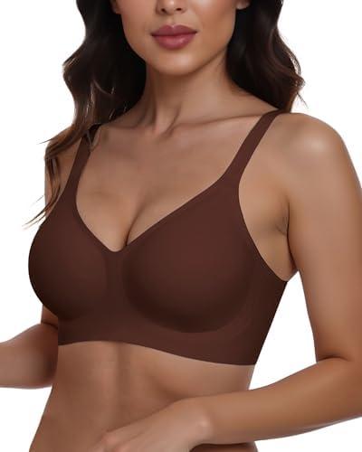 As Fairy Women's Seamless Wireless Push Up Comfort Bras V Neck Back Smoothing Bralette Full Coverage Lightly Pad Bra Coffee 38DDD