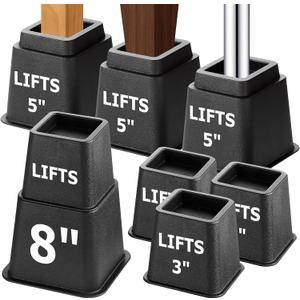 RALWY 8-Pack Bed Risers Furniture Risers - 3, 5, 8 Inch 3-in-1 Combination Furniture Lifts, Heavy Duty for Couch,Bed Frame,Table Cabinet - 1300lbs Capacity per Riser, Black