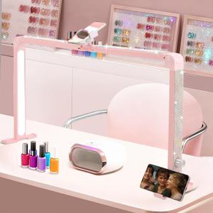 Nail Tech Lamp for Desk, 34 in Large Half Moon Light with Phone Holder, 48W Brightness Adjustable Lash ARC Light for Manicure, Tattoo, Spa, Salon, 3000K-6000K LED Manicure Lamp(Pink)