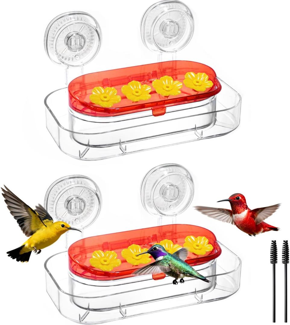Redboat 2 Pack Window Hummingbird Feeder, Strong Suction Cup Hummingbird Feeder with 4 Feeding Ports, Easy to Clean and Refill Plastic Humming Bird Feeder,Gifts,10oz