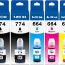 2 x Compatible 774 664 Ink Bottle Replacement for Eps T774 T664 T774120-S Ink Cartridge Used with Eps EcoTank ET-4550 ET-3600 ET-16500 ET 4550 3600 16500(2Black 1Cyan 1Magenta 1Yellow 5 Pack)