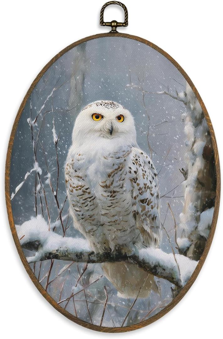 XBBMGG Winter Owl Wall Art Decor, Rustic Winter Bird Oval Wall Hanging Decor, Retro Cottagecore Farmhouse Snowy Owl Framed Canvas Prints for Living Room Bathroom Decorations, 8.6x11.4 inch