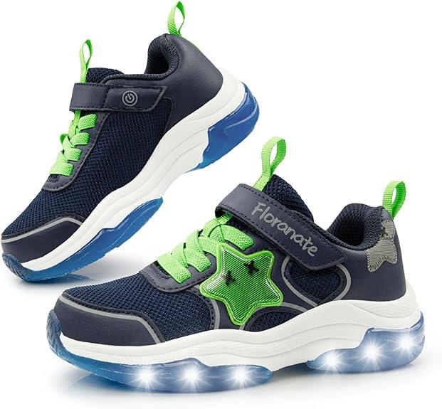 Floranate Little Kids Light Up Shoes for Girls Boys Tennis Sneakers with Switch Strap Walking Shoes Athletic Footwear Toddler (Navy Green Light Up Shoes, 1 Little Kid)