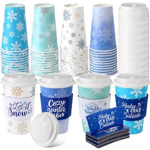 Jingmore 48 Pack 16 oz Christmas Disposable Coffee Cups with Lids and Sleeves Christmas Paper Hot Cups Xmas Party Beverage Tea Drinking Favors for Hot Cocoa, Xmas Holiday Supplies(Snowflake,Blue)