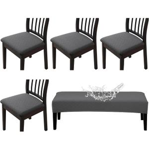 CALBODE Waterproof Seat Covers for Dining Room Chairs Set of 4 with Stretch Bench Slipcover Jacquard Chair Covers Removable Washable Kitchen Chair Seat Cushion Protector(Dark Gray, 5 PCS)