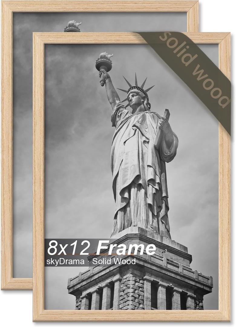 Natural Solid Wood 8x12 Picture Frame, Display 8 x 12 Inch Picture Poster Photo, Vertical & Horizontal Wall Hanging - 2 Pack/Natural/8"x12"