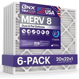 BNX TruFilter 20x22x1 Air Filter MERV 8 (6-Pack) - MADE IN USA Dust & Pet Defense Electrostatic Pleated Air Conditioner HVAC AC Furnace Filters for Dust, Pet, Mold, Pollen MPR 600 700 & FPR 5