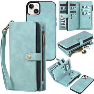 TwoHead Wallet Case Compatible with iPhone 15,Detachable Magnetic Phone Case,All-Round Protective Leather Phone Case with Card Holder,6.1 in,Blue