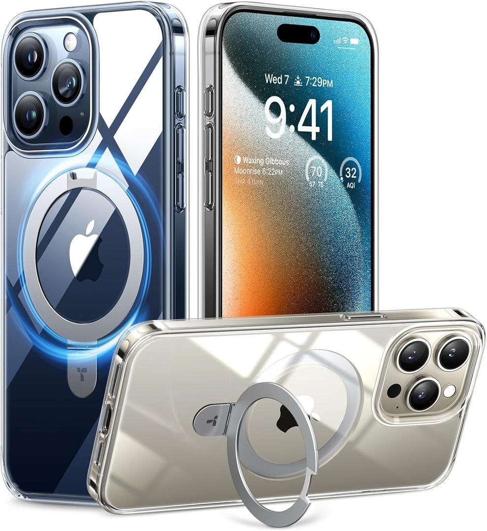TORRAS Magnetic Ostand for iPhone 15 Pro Max Case, [Military Grade Drop Tested][Compatible with MagSafe][Build in Kickstand] Clear Slim Hard Back Soft Edge Anti-Fingerprint, Clear (Crystal Clear)