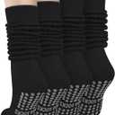 4 Pairs Yoga Pilates Scrunch Socks with Grip Socks for Women, Cotton Non Slip Slouch Calf Socks Slipper Crew Stockings, One size
