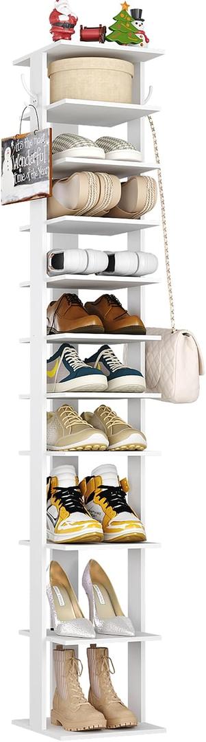 HOMEFORT 10-Tier Vertical Shoe Rack, Corner Shoe Tower, Slim Shoe Organizer with Two Hanging Hooks, Wooden Shoe Storage Stand for Entryway, Hallway, Closet (White), 11.02"D x 11.02"W x 62.2"H