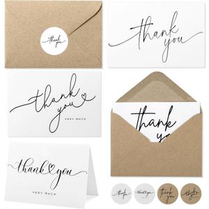 100 Bulk Thank You Cards with Kraft Envelopes and stickers - 4 Minimalistic Designs Blank Thank You Notes with Envelopes for business Wedding Bridal Gift Baby Shower Business Graduation (White)