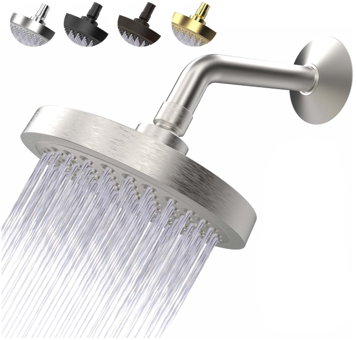 Pressure Shower Head AntiClogging Silicone Nozzles 2.5 GPM Removable Restrictor Easy to Clean Adjustable Replacement easy to install with Plumbers Tape 6 inch Brushed Nickel Finish