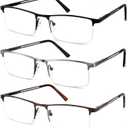 3 Pack Reading Glasses for Men Blue Light Blocking, Lightweight Metal Rectangle Semi Rimless Readers for Men, Anti Eyestrain/UV, Half Frame Spring Hinge Eyeglasses with Pouches 300 (Black Gunmetal Brown)