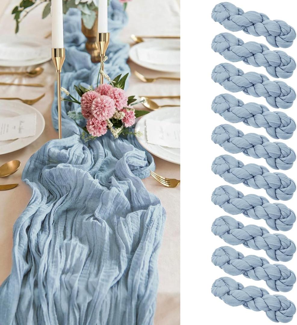 10 Pack Dusty Blue Cheesecloth Table Runner, 10FT Long Semi-Sheer Boho Rustic Guzae Table Runner for Wedding , Party ,Bridal Shower Decor(35120 Inch)