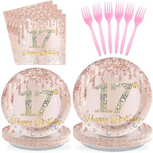 96 PCS 17th Birthday Party Decorations Rose Gold 17 Years Old Birthday Party Plates and Napkins Disposable 17th Birthday Paper Tableware Set for Girls Seventeen Birthday Party Supplies, Serves 24