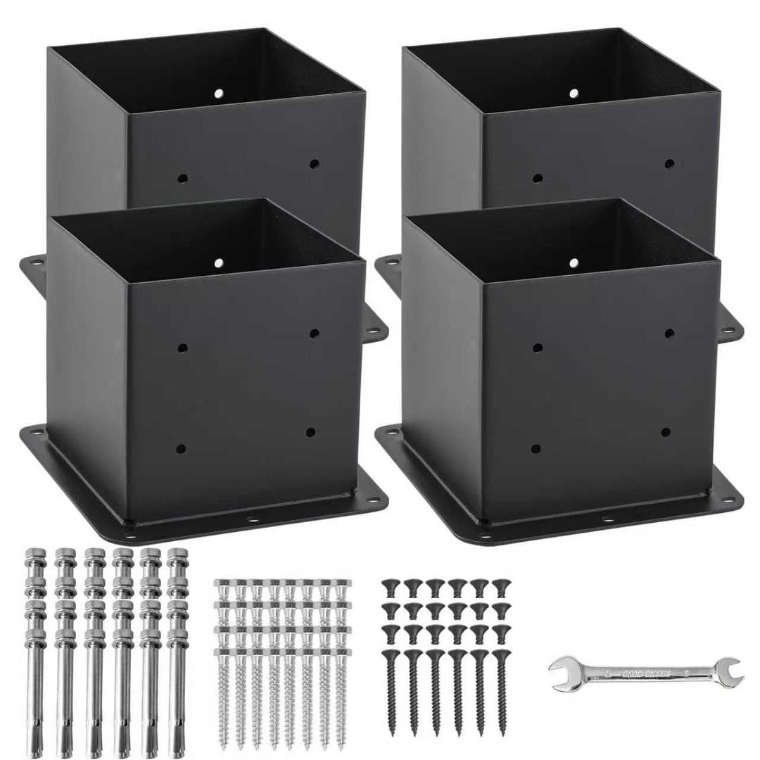 6x6 Post Base 4 Pcs, (Inner Size 5.6x5.6) Post Anchors, 13GA Thick Solid Steel & Black Powder Coated,Deck Post Brackets Support Deck Base Plate Pergola Brackets Fence Kit