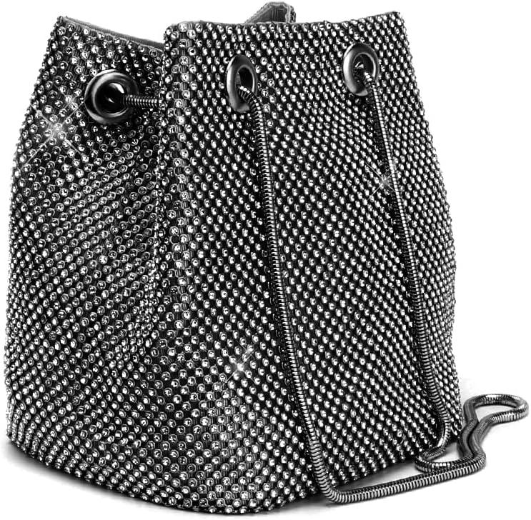 Women's Evening Bag- Upgraded Size Full Rhinestones Bucket Bag Shining Bag Shoulder Bag for Party Wedding Date Night (Large (7.9''x7.9x5.1''), Black)