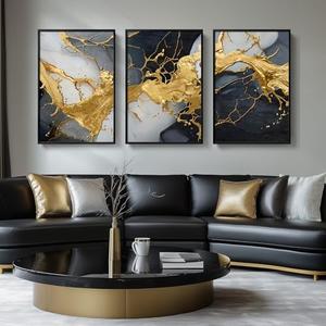 Framed Black and White Gold Abstract Wall Art for Living Room, 3 Piece Large Canvas Paintings Prints Artwork for Walls, Modern Wall Art Pictures for Entryway Hallway Office Wall Decor Total 30x60 Inch