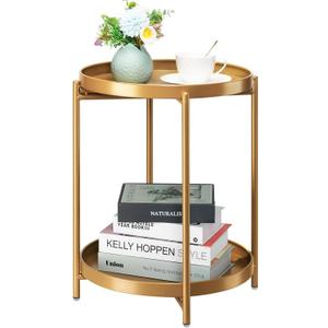 danpinera 2-Tier End Table, Outdoor Side Table Metal Round Side Table with Removable Tray, Small Folding Accent Table, Anti-Rust Nightstand for Bedroom Balcony Patio Living Room (Gold)