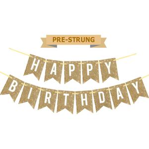 Netnology Pre-Strung Gold Happy Birthday Banner Decorations,12 ft No DIY Gold Glitter Birthday Party Banner Sign Decor for Women Men Girl Boy Party Supplies