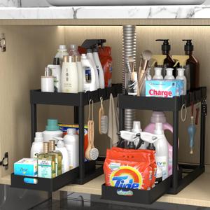 2PC Under Sink Organizer Rack 2 Tier Under Sliding Cabinet Basket Organizer Drawer with 4 Hooks, Multi-purpose Under Sink Storage for Bathroom Kitchen DesktopBlack (Black 2PC)