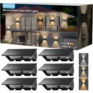 6PACK Solar Sconce Lights Outdoor,3000/4000/6000K 3 Modes Up and Down Solar Wall Lights Dusk to Dawn Lighting IP65 Waterproof Solars Lights Outdoor for Exterior Front Porch Garage Fence Patio Yard