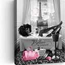 African American Wall Art Bathroom Decor Wall Art Black Girl In Bathtub Canvas Poster Prints Modern Pink Wall Decor Fashion Black Women Pictures Framed For Bathroom Ready To Hang 16"X20"