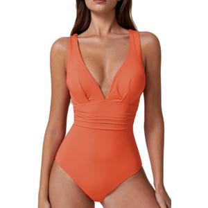 QINSEN Womens Sexy V Neck One Piece Bathing Suit Cross Back Swimsuit High Waist Monokini, XS