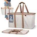 CleverMade Collapsible Laundry Tote 2-Pack (50L) Foldable Carry-All Storage Bin for Laundry, Car Trunk, RV, Dorm & Home Organization LUXE Cotton Blend with Vegan Leather Accents, Cream
