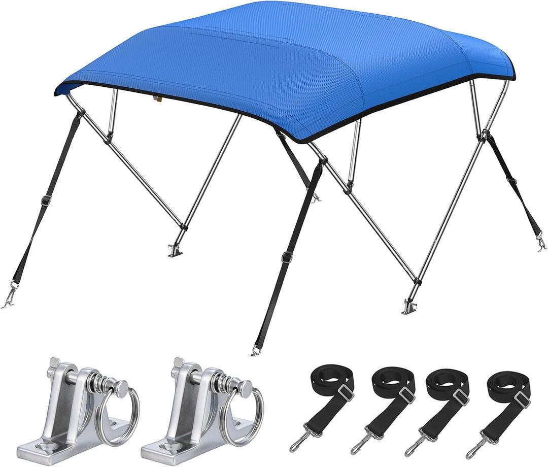 KAKIT 4 Bow Bimini Top for Boats, Marine Grade Canvas Top Heavy Duty Oxford Boat Canopy Adjustable 4 Straps Zippered Storage Boot Metal Base (3 Bow 6'L x 46" H x 91"-96" W,Blue)