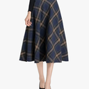 IDEALSANXUN Women's Plaid Wool Skirts Elastic Waist A-Line Pleated Tartan Long Skirts, S Mid-Calf Navy