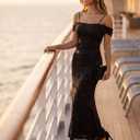 MEROKEETY Women's 2026 Summer Off The Shoulder Spaghetti Strap Floral Mesh Wedding Guest Cocktail Formal Party Maxi Dresses (Black, L)