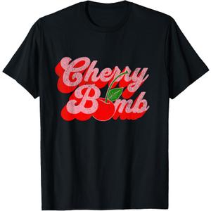 Cherry Bomb Retro 70s Vintage Style Cute T-Shirt (Black,5XL)