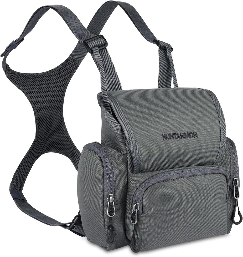 Binocular Harness Chest Pack, Hunting Bino Harness with Rangefinder Pouch & Binoculars Bag, Lightweight Portable Binocular Pack for Hunting, Hiking and Shooting (Dark Grey)