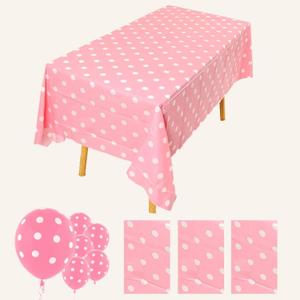 2 x 3Pack Plastic Table Cloth Disposable for Rectangle Tables, Pink Polka Dot Table Cloths for Baby Shower Bridal Shower Mouse Birthday Party Decorations Size 54x108 Inch (Pink+White dots)