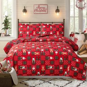 Christmas Quilt Set Full/Queen Size Xmas Bedding Red Buffalo Plaid Patchwork Quilts Reversible Christmas Bedspread Set Rustic Lodge Moose Coverlet Lightweight Quilt Holiday Xmas Snowman Elk Decor