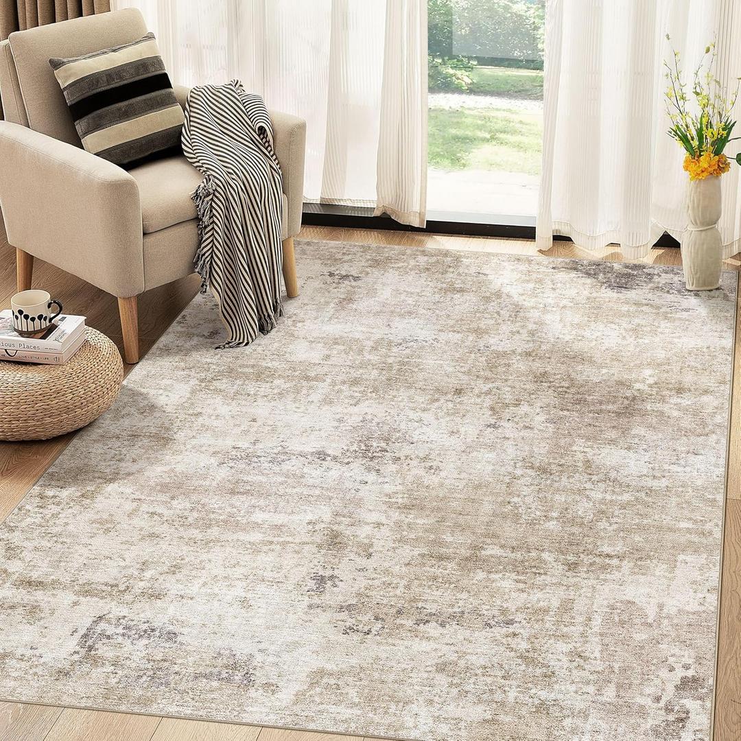 Washable Rug 5x7 Area Rugs for Living Room: Modern Abstract Neutral Soft Carpet for Bedroom Dining Room Under Kitchen Table Home Office Decor - Brown