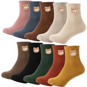 5/10 Pairs Cute Smiling Face Sock Embroidery Ankle Novelty Funny Socks Gifts for Womens Socks (10 pairs Bear sock)
