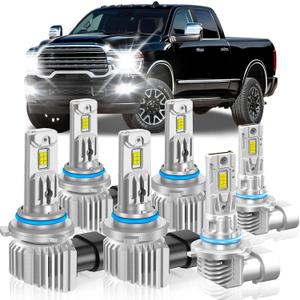 Fit for Dodge 2013-2015 Ram 1500 2500 3500(with Projector) Light Bulbs, High/Low Beam Fog Light Bulbs Combo, 800% Brightness CSP Chips, 6000K White, Efficient Heat Dissipation, Pack of 6
