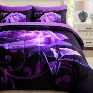 WONGS BEDDING Purple Comforter Set King, Reversible Purple Rose 7 Pieces Bed in a Bag, Lightweight Soft Microfiber Bedding Sets with Flat Sheet, Fitted Sheet, Pillowcases & Shams