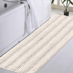 Turquoize Non Slip Shaggy Chenille Microfibers Bathroom Rug Bath Room Mat Extra Long Bath Rug 47 x 17 Kitchen Rugs and Mats, Super Water Absorbent & Soft Washable Bath Rug for Bathroom, Ivory
