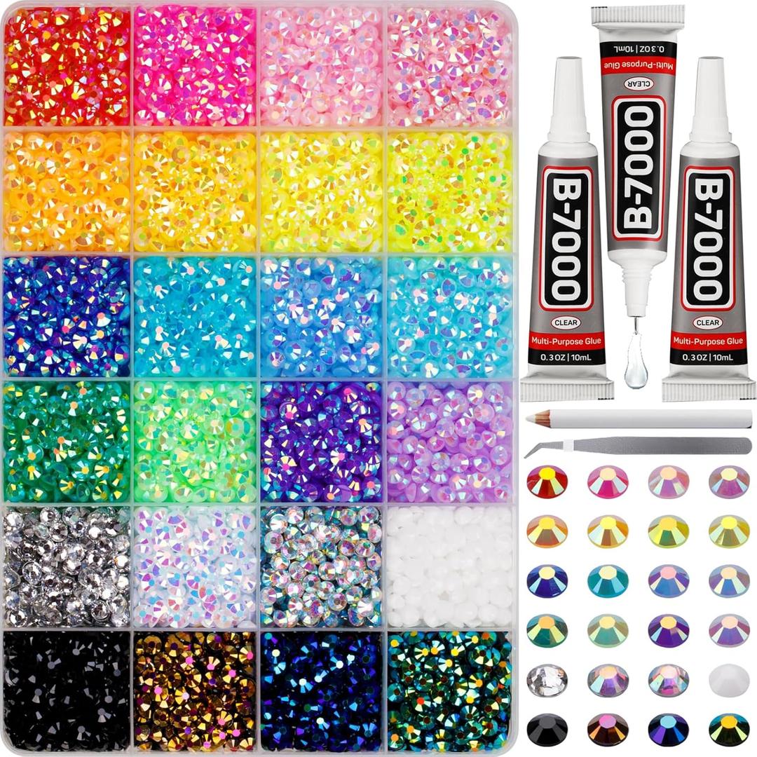9000Pcs Rhinestones for Bedazzling, 5mm Bedazzler Kit with Flatback Rhinestones for Clothes Crafting Crafts Nails Clothing, Flat Back Resin Rainbow Colorful Colored Crystal with B 7000 Glue Clear (Large Pack + 3pcs Glue, 24 Mix Jelly AB colors | 5mm)