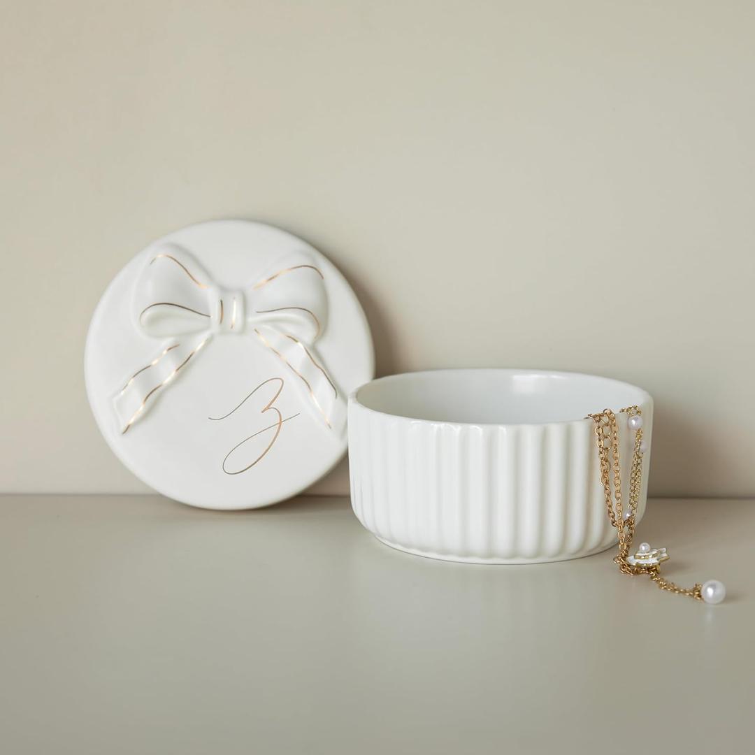 COLLECTIVE HOME - Monogram Jewelry Box with Bow, Christmas Gift Ideas for Women, Small Gift for Girlfriend Wife, Ring Holder, Earrings Dish, Birthday Gift for Her (Z)