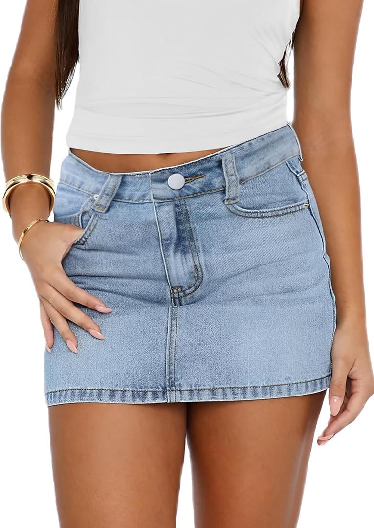DEICAEVO Womens Denim Skirt Casual Mini Jean Skirt Stretch Low Waist Jean Skirt for Women Zip Fly Denim Mini Skirts (Medium, Light Blue)