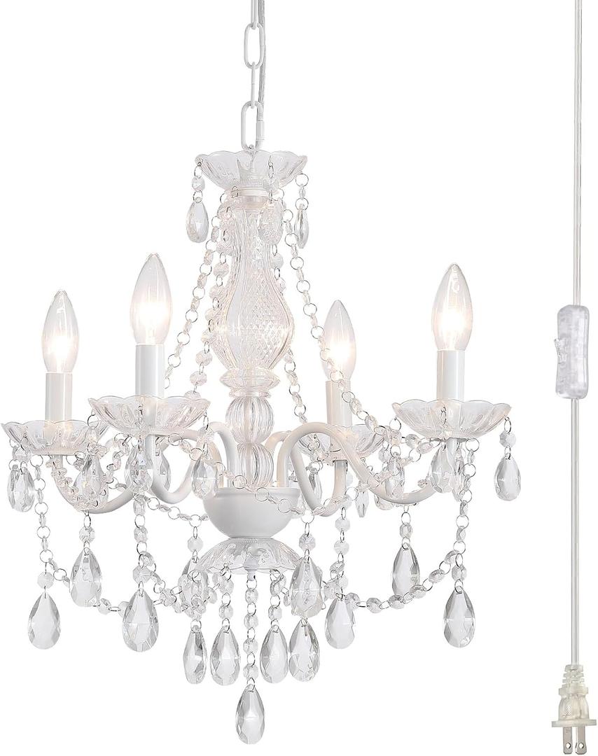 Plug in Crystal Ceramic White Chandelier, Glass Chandeliers,White crystal Hanging Pendant Light with Clear Cord and On/Off, 4 Light Crystal Chandelier for wedding, Kitchen, Dining,Foyer, Mini room