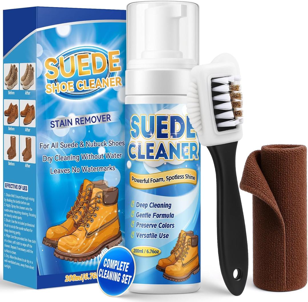 Suede Cleaner Kit for Shoes, 200ml Foam Shoe Cleaner with Brush and Towel, Deep Cleans Suede, Nubuck, Boots, Sneakers, Removes Stains, Dirt and Water Marks Safely (200ml)