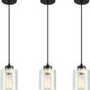 Pendant Light Fixture, 3 Pack Hanging Ceiling Lamp with Clear Glass Shade, Adjustable, Kitchen and Dining Room, Black, 30 x 15 x 22 cm