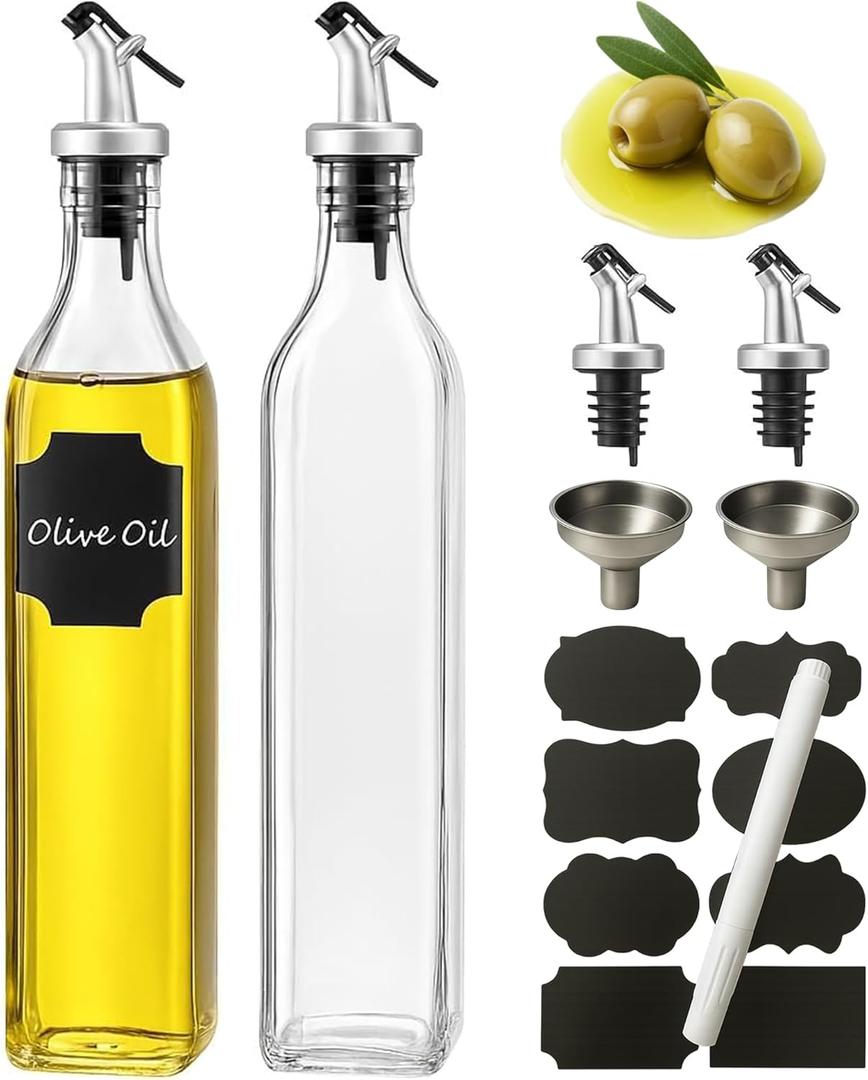 WERTIOO Olive Oil Dispenser Bottle, 2 Pack 17oz Oil and Vinegar Dispenser Set Clear Oil Bottles Container for Kitchen with 4 Spout, Funnel & Pen and Labels